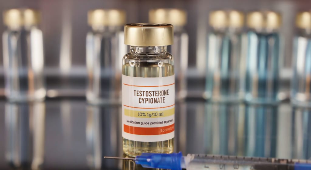 A vial labeled “Testosterone Cypionate” sits in front of several similar vials, with a syringe lying on the reflective surface nearby.